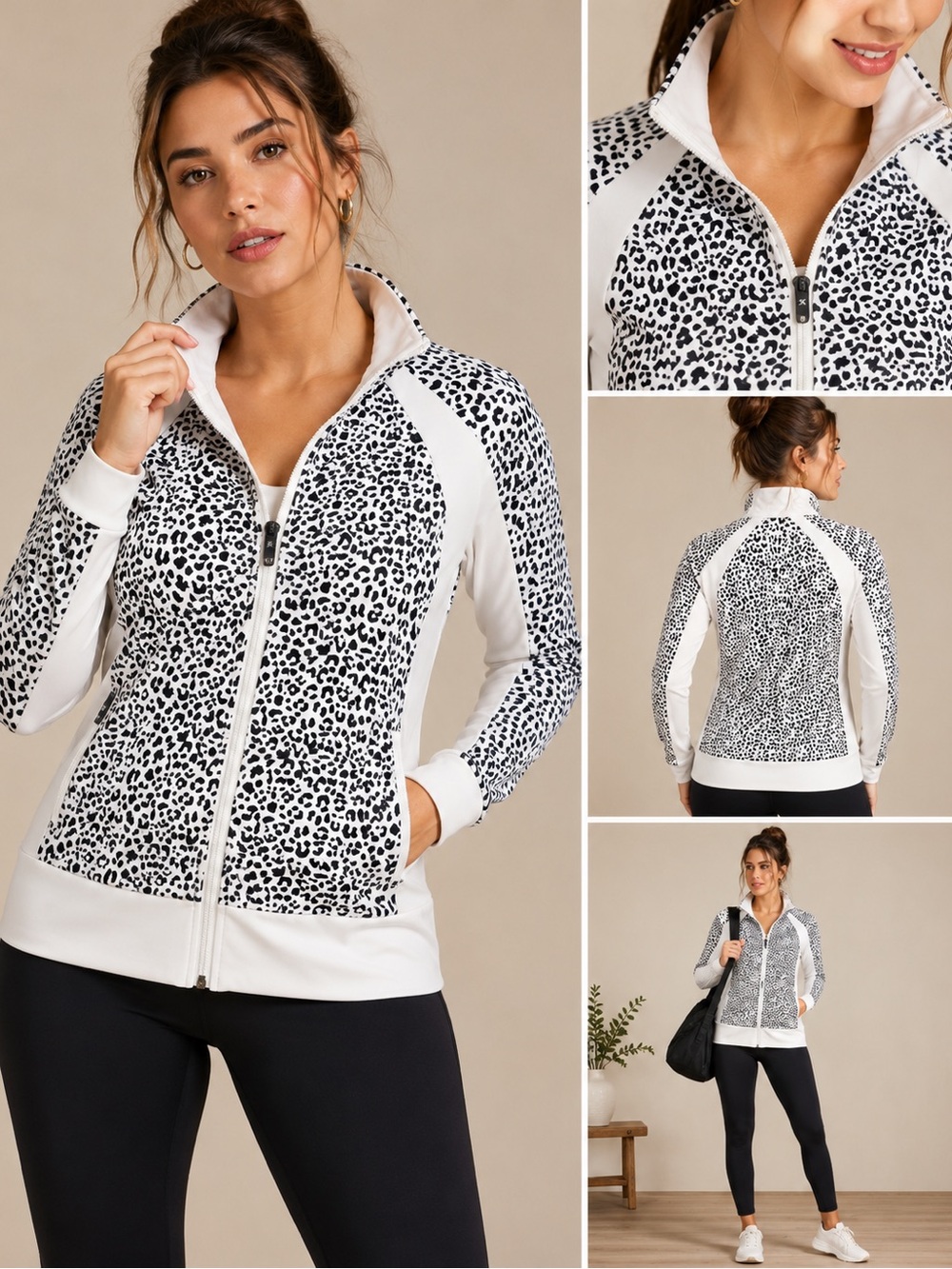 Daily Sports White Active Jacket with Black Leopard Print